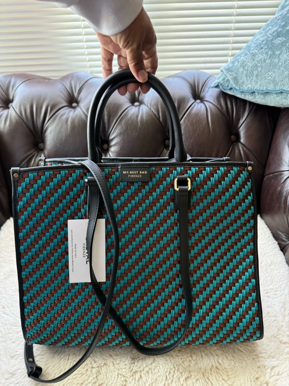 My Best Bag Firenze Woven Tote in Teal and Brown NWT - Unique Gorgeous - Picture 4 of 6